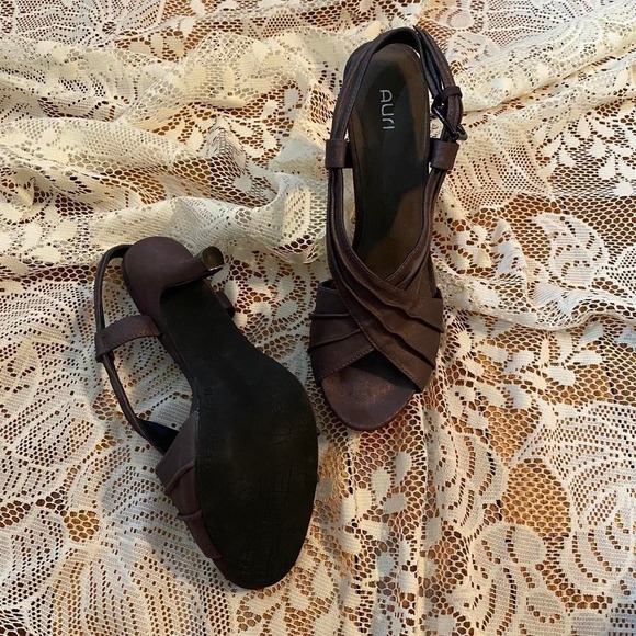 Auri Womens Italian Leather Brown Purple Metallic Peep Toe Stiletto Heels Sz 9 - Picture 3 of 6